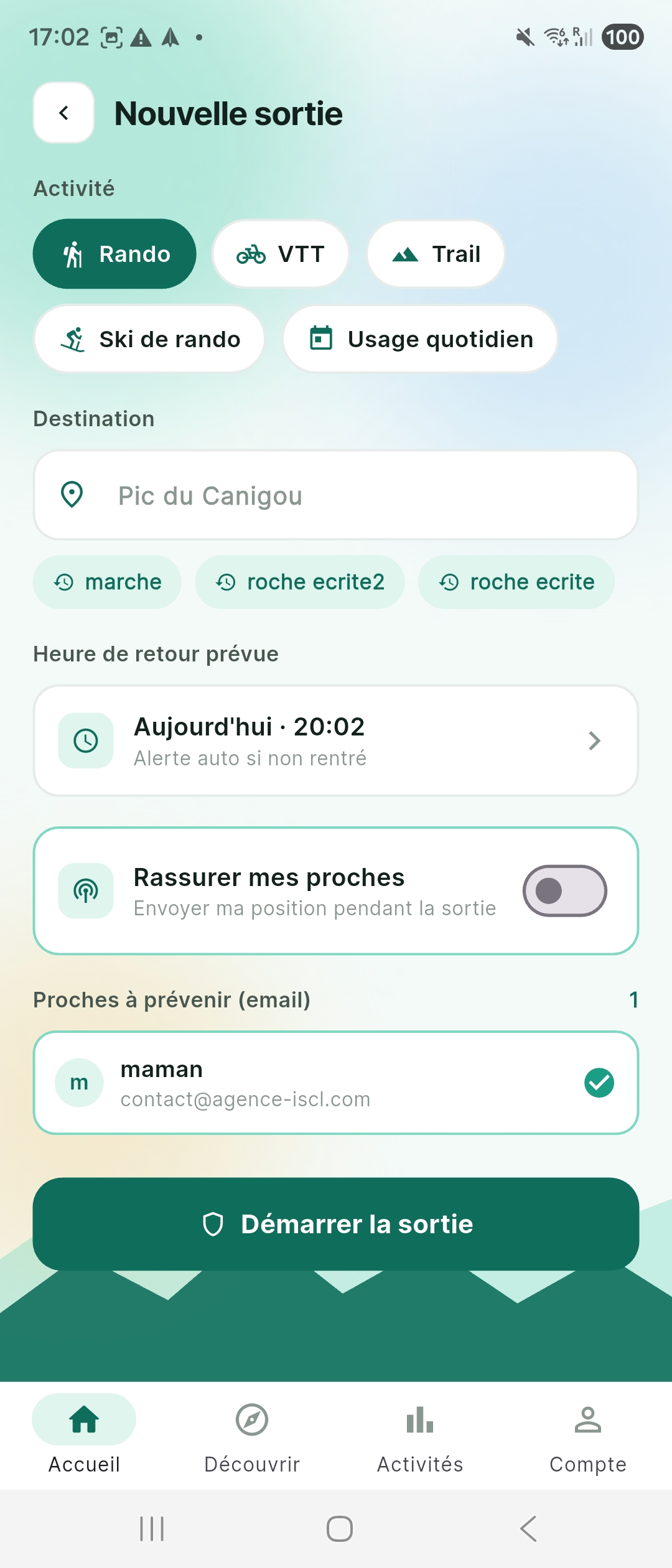 Écran de déclaration d'une nouvelle sortie