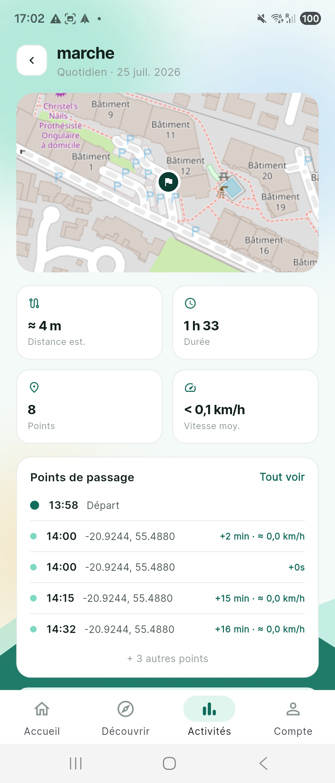 Détail d'une sortie : distance, durée, points de passage